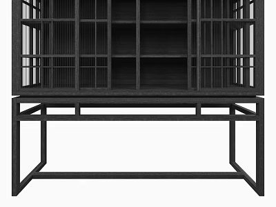 Modern Black Decorative Cabinet With Lattice Doors Open Shelves And Frame Base 3d model