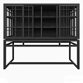 Modern Black Decorative Cabinet With Lattice Doors Open Shelves And Frame Base