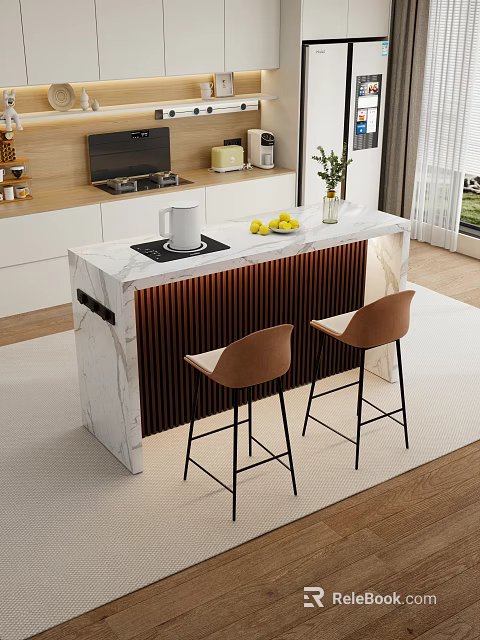 Modern Dining Table Set With Marble Countertop Brown Stools And Wooden Slats In Kitchen 3d model 
