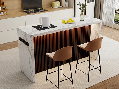Modern Dining Table Set With Marble Countertop Brown Stools And Wooden Slats In Kitchen 3d model