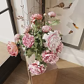 Pink Peonies in Glass Vase on Square Pedestal with Decorative Painting and Natural Light