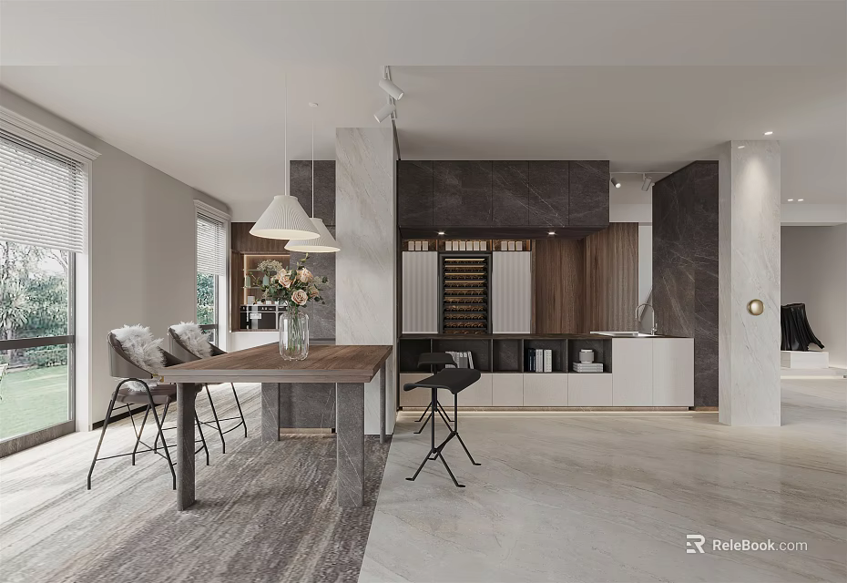 Modern Restaurant Interior Design With Dining Table Chairs Pendant Lights And Cabinets 3d model