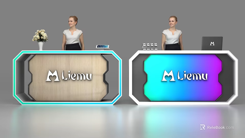 Modern Liemu Reception Desks With Wooden Finish Colorful Lighting And Staff 3d model 