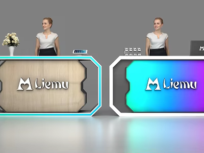 Modern Liemu Reception Desks With Wooden Finish Colorful Lighting And Staff 3d model