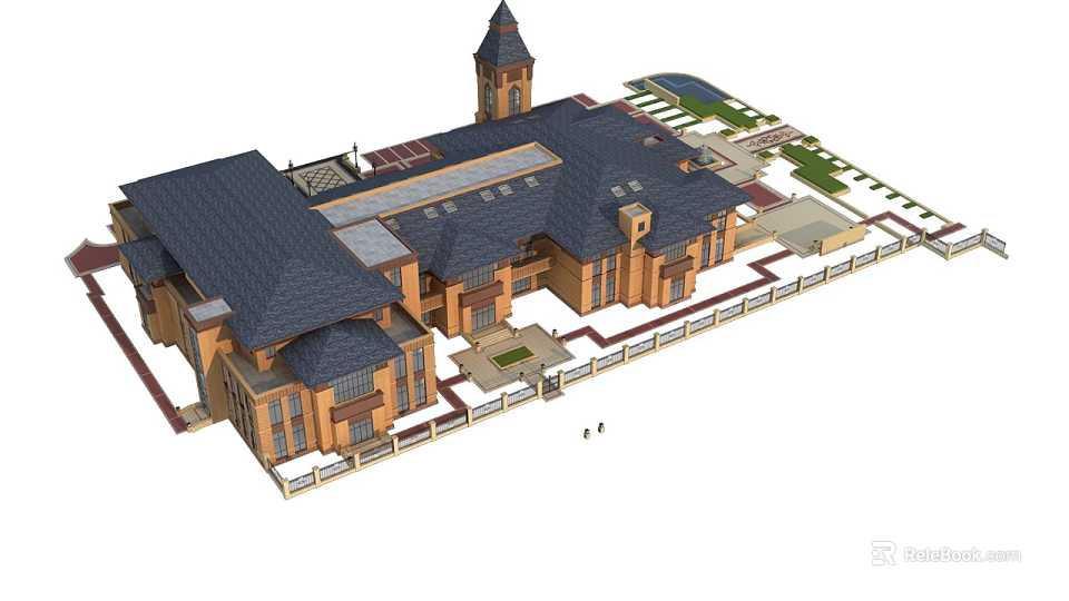 Elegant Multi Story Commercial Complex With Clock Tower Courtyard Dark Roof And Landscaped Areas 3d model 