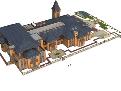 Elegant Multi Story Commercial Complex With Clock Tower Courtyard Dark Roof And Landscaped Areas 3d model