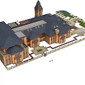 Elegant Multi Story Commercial Complex With Clock Tower Courtyard Dark Roof And Landscaped Areas