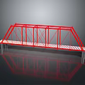 Red Truss Bridge Structure with White Striped Deck and Metal Frames