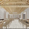 Rustic Restaurant Interior With Wooden Roof Beams Large Windows Rough White Walls And Natural Light