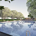 Tranquil Residential Landscape With Swimming Pool Lush Trees Green Plants And Lounge Chairs