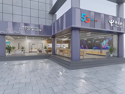 China Telecom 5G City Showroom With Modern Exterior Glass Front And Display Counter 3d model