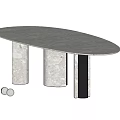 Oval Modern Dining Table With Light Gray Stone Top And Black Metal Legs