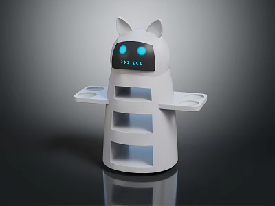 Adorable White Cat Shaped Robot Design With Blue Eyes Ears And Tray Layers 3d model