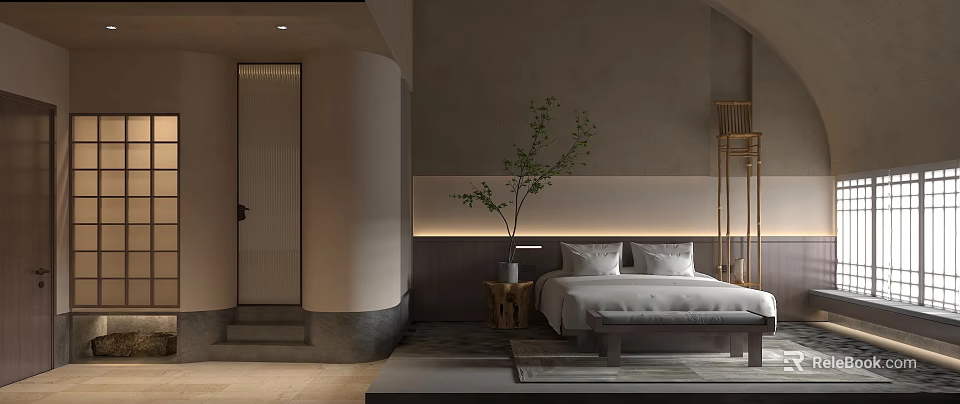 Modern Hotel Room Interior With White Bedding Plant And Cylindrical Column 3d model 