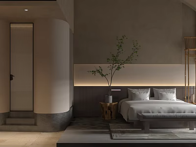 Modern Hotel Room Interior With White Bedding Plant And Cylindrical Column 3d model