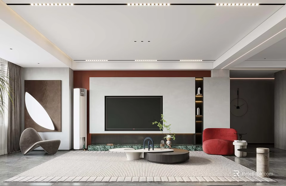 Modern Living Dining Room Interior With TV Wall Red Chair And Ceiling Light Strips 3d model 