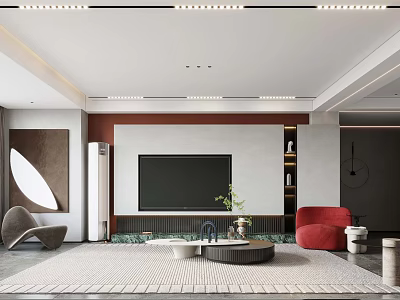 Modern Living Dining Room Interior With TV Wall Red Chair And Ceiling Light Strips 3d model