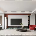 Modern Living Dining Room Interior With TV Wall Red Chair And Ceiling Light Strips