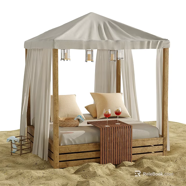 Romantic Outdoor Double Bed with Canopy Wooden Frame White Curtains and Beach Wine Glasses 3d model 