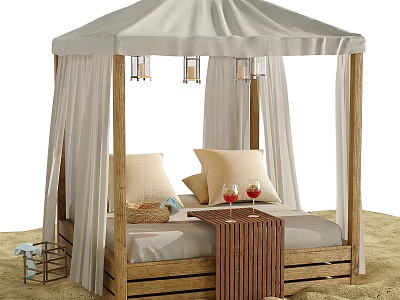 Romantic Outdoor Double Bed with Canopy Wooden Frame White Curtains and Beach Wine Glasses 3d model