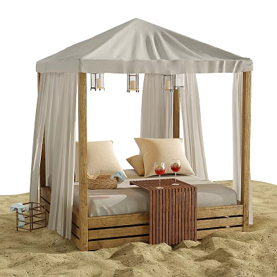 Romantic Outdoor Double Bed with Canopy Wooden Frame White Curtains and Beach Wine Glasses 3d model