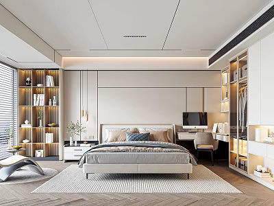 Modern Bedroom Interior Design With Comfortable Bed Desk Built in Bookshelves And Ambient Lighting 3d model