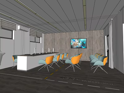 Modern Interior Space With Wooden Accent Wall White Table Orange Blue Chairs And TV Screen 3d model
