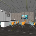 Modern Interior Space With Wooden Accent Wall White Table Orange Blue Chairs And TV Screen