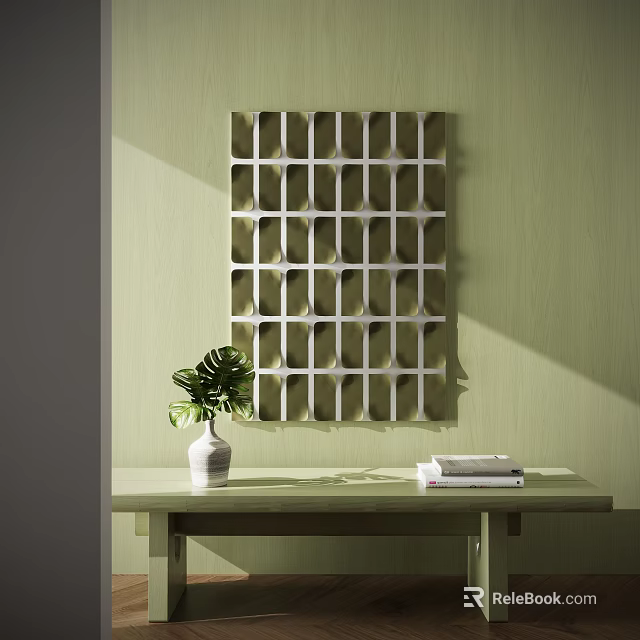 Abstract Geometric Grid Design Painting On Light Green Wall With Table Vase Plant And Books 3d model 