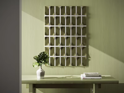 Abstract Geometric Grid Design Painting On Light Green Wall With Table Vase Plant And Books 3d model
