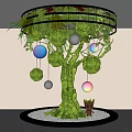 Indoor Landscape Featuring Moss Covered Tree With Hanging Colorful Spheres Small Statue And White Pebbles