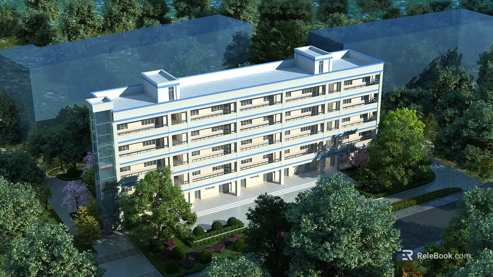 Modern School Building with Multi Story Design Surrounded by Trees and Gardens 3d model 