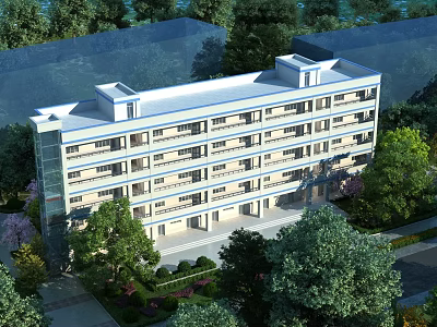 Modern School Building with Multi Story Design Surrounded by Trees and Gardens 3d model