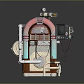 Retro Mechanical Device Featuring Pink Arch Pipes Wooden Panel And Display Screen