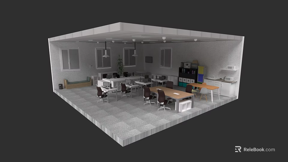 Modern Office Desk Setup With Computers Chairs Filing Cabinets And Potted Plant 3d model 