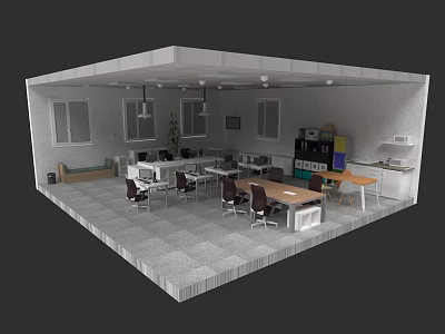 Modern Office Desk Setup With Computers Chairs Filing Cabinets And Potted Plant 3d model