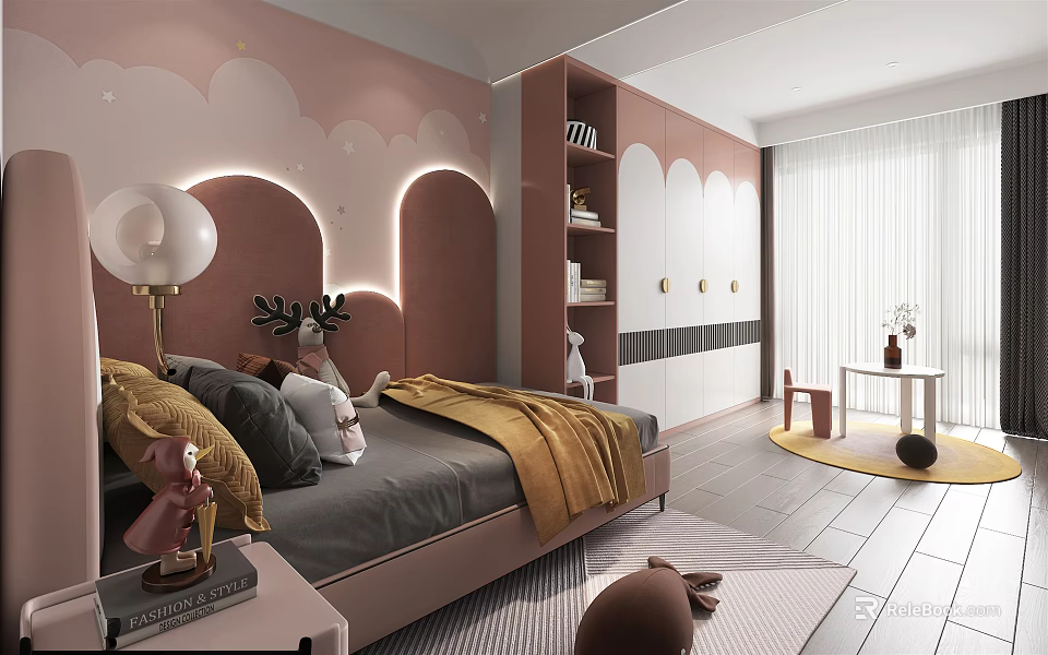Pink Kids Room Interior Design With Cloud Shapes Walls Bed Stuffed Toys And Bookshelf 3d model 