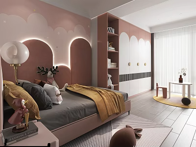 Pink Kids Room Interior Design With Cloud Shapes Walls Bed Stuffed Toys And Bookshelf 3d model