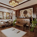 Traditional Chinese Religious Worship Space With Wooden Shrine Lantern Lights And Decorative Plants