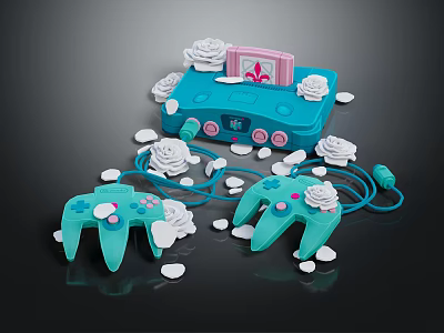 Turquoise Game Console With Pink Screen And Matching Controllers Decorated With White Roses And Petals 3d model