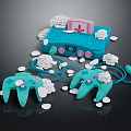 Turquoise Game Console With Pink Screen And Matching Controllers Decorated With White Roses And Petals