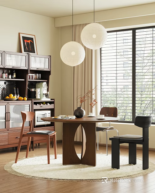 Modern Dining Table Set With Wooden Table Chairs Wine Cabinet Pendant Lights And Window Blinds 3d model 