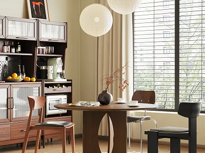 Modern Dining Table Set With Wooden Table Chairs Wine Cabinet Pendant Lights And Window Blinds 3d model