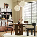 Modern Dining Table Set With Wooden Table Chairs Wine Cabinet Pendant Lights And Window Blinds