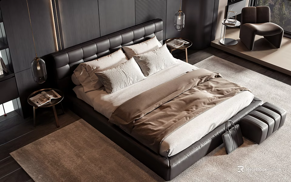 Black Leather Double Bed with Light Colored Pillows and Soft Bedding in Modern Bedroom 3d model 