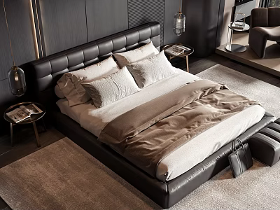 Black Leather Double Bed with Light Colored Pillows and Soft Bedding in Modern Bedroom 3d model
