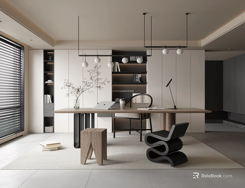 Modern Study Room Interior With Wooden Desk Bookshelves And Comfortable Chair 3d model 