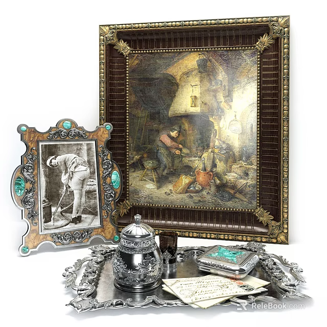 Vintage Decorative Ornament Set with Framed Painting Small Frame Silver Teapot Green Accents and Tray 3d model 
