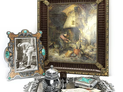 Vintage Decorative Ornament Set with Framed Painting Small Frame Silver Teapot Green Accents and Tray 3d model