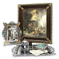 Vintage Decorative Ornament Set with Framed Painting Small Frame Silver Teapot Green Accents and Tray